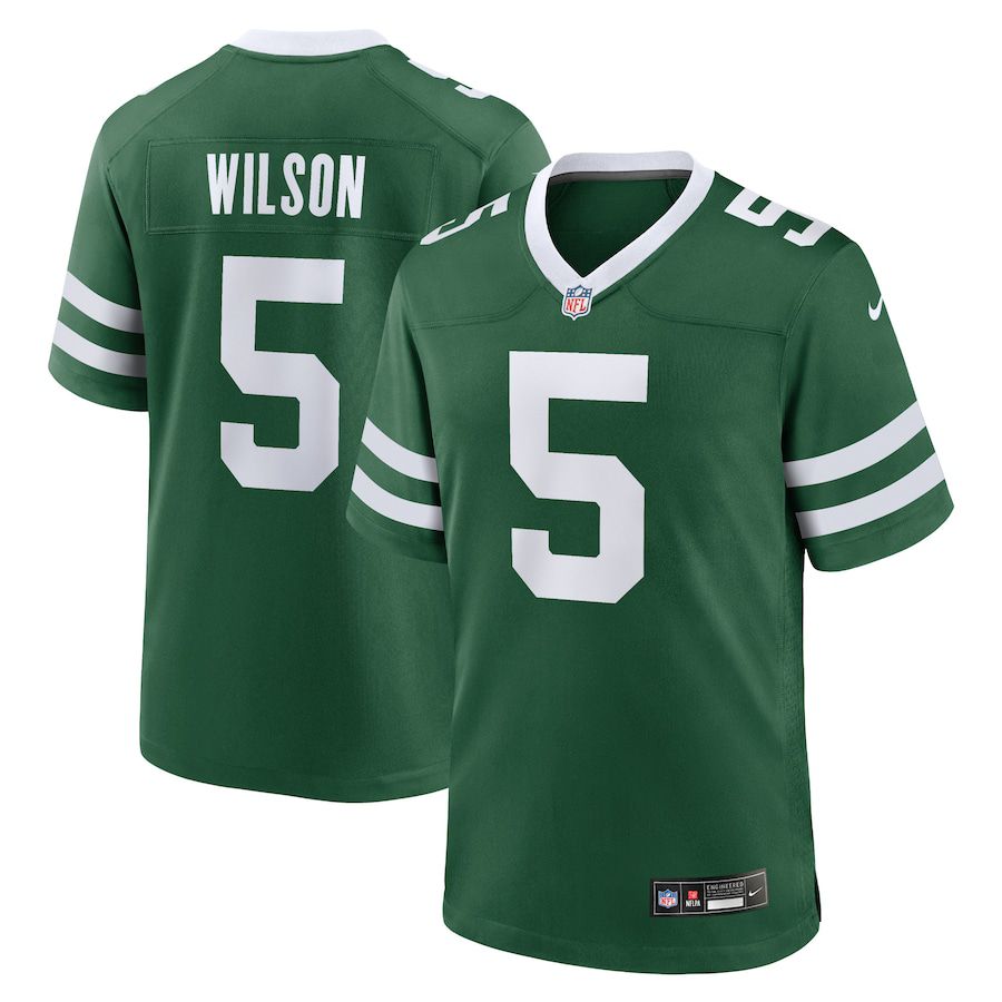Men New York Jets 5 Garrett Wilson Nike Legacy Green Game NFL Jersey